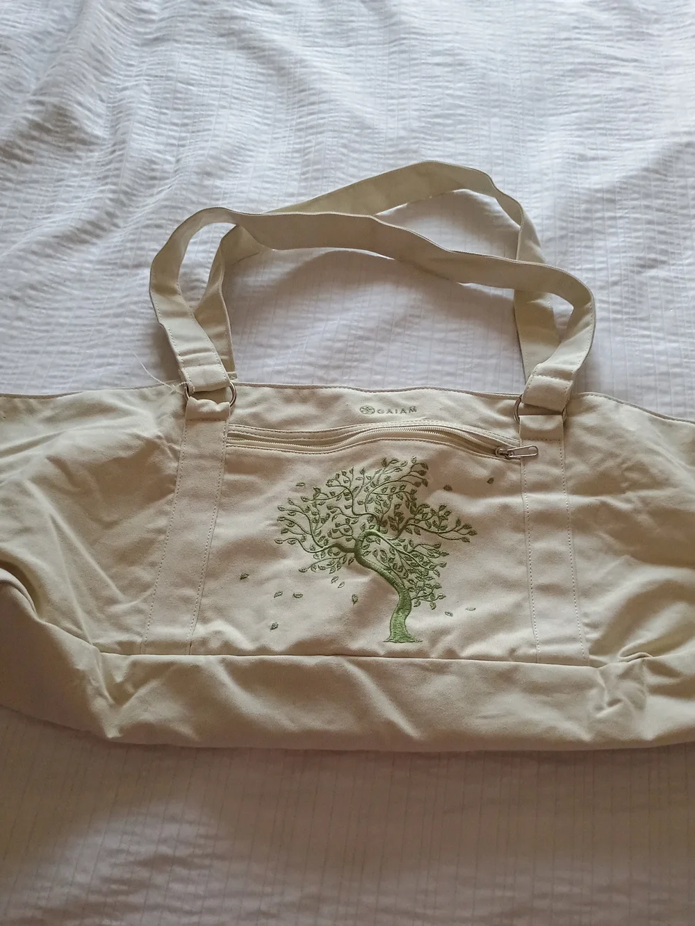 GAIAM Cream Canvas Tote with Green Tree Embroidery
